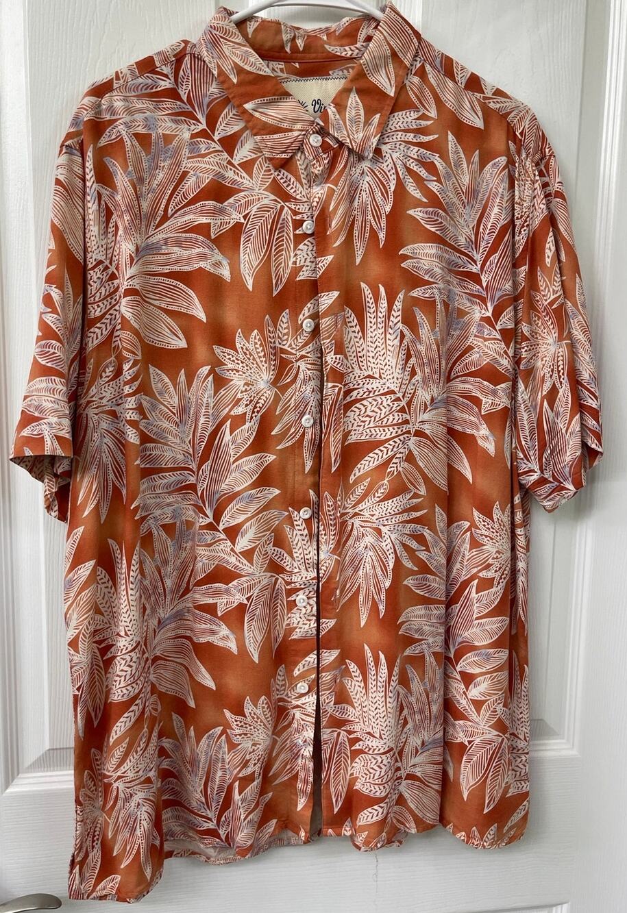 Vintage silk XL Mens rust copper orange tropical short sleeve button shirt palms